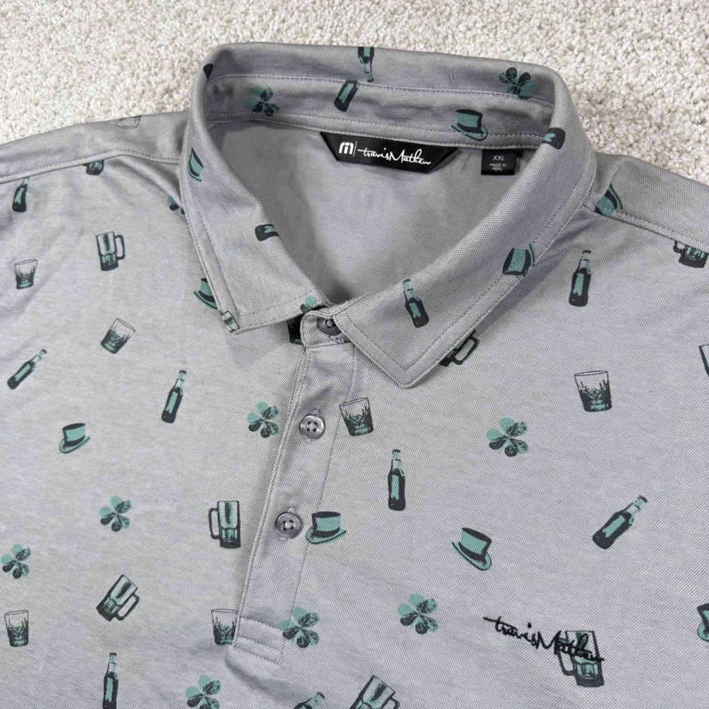 Travis Mathew Polo Shirt Mens 2XL Gray St Patricks Day Beer Shamrocks Golf S/S